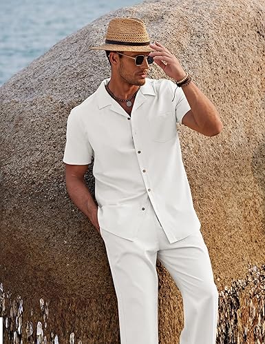 Men's 2 Piece Linen Beachwear Set, Button Down Shirt and Casual Loose Pants