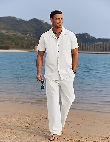 Men's 2 Piece Linen Beachwear Set, Button Down Shirt and Casual Loose Pants