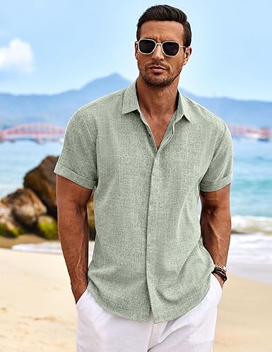 Men's Linen Shirts, Casual Short Sleeve Shirts, Men's Button Down Shirts, Beach, Summer, Wedding Shirt