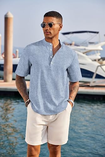 Men's Casual Short Sleeve Crew Neck Linen Summer Beach Shirt Hippie Shirts
