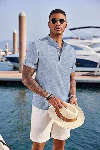 Men's Casual Short Sleeve Crew Neck Linen Summer Beach Shirt Hippie Shirts
