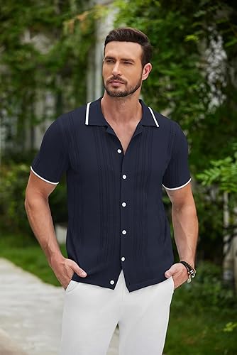 Men's Short Sleeve Button Down Knitted Casual Beach Shirts