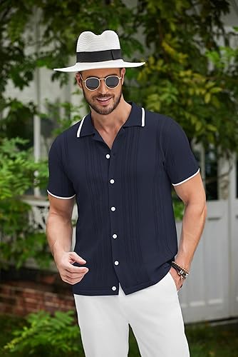 Men's Short Sleeve Button Down Knitted Casual Beach Shirts