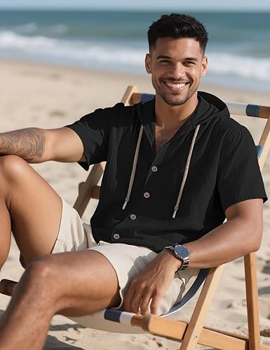 Men's Cotton Linen Shirts Short Sleeve Casual Sweatshirts Button Down Summer Beach Shirts with