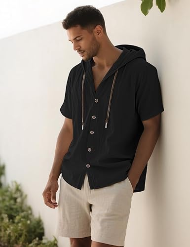 Men's Cotton Linen Shirts Short Sleeve Casual Sweatshirts Button Down Summer Beach Shirts with