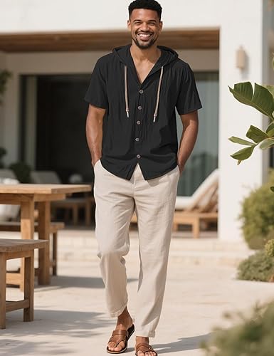 Men's Cotton Linen Shirts Short Sleeve Casual Sweatshirts Button Down Summer Beach Shirts with