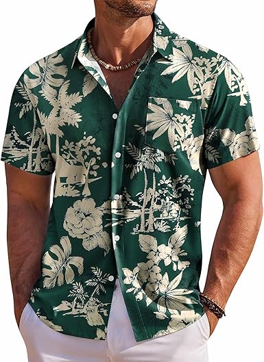 Men's Short Sleeve Floral Button Hawaiian Shirt, Suitable for Tropical Vacation and Beach