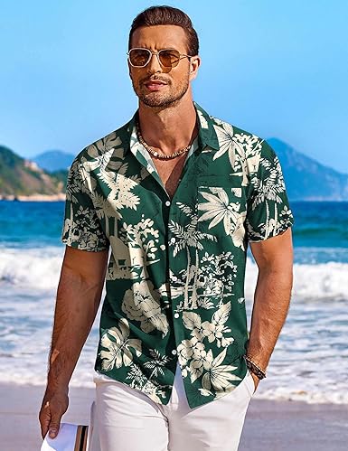 Men's Short Sleeve Floral Button Hawaiian Shirt, Suitable for Tropical Vacation and Beach