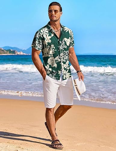 Men's Short Sleeve Floral Button Hawaiian Shirt, Suitable for Tropical Vacation and Beach