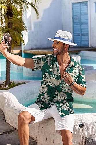 Men's Short Sleeve Floral Button Hawaiian Shirt, Suitable for Tropical Vacation and Beach