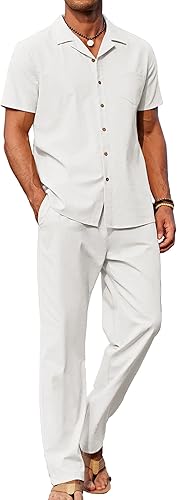 Men's 2 Piece Linen Beachwear Set, Button Down Shirt and Casual Loose Pants