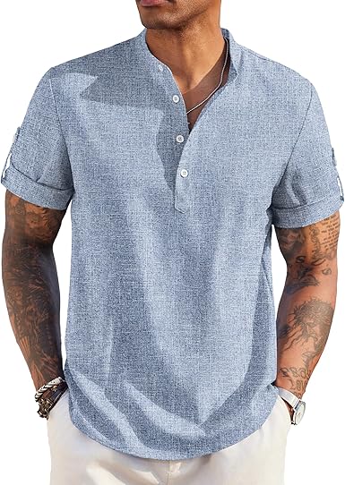 Men's Casual Short Sleeve Crew Neck Linen Summer Beach Shirt Hippie Shirts