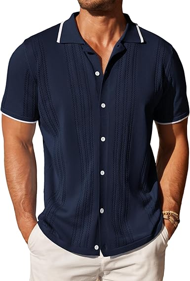 Men's Short Sleeve Button Down Knitted Casual Beach Shirts